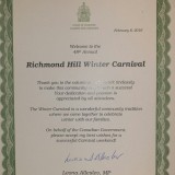 Certificate to the Richmond Hill Winter Carnival Volunteer Team<br>From Leona Alleslev, MP for Aurora & Oak Ridges
