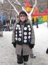 Sue with her button collection - she used to be part of the Elementary School Hockey Tournament, and still comes out to Carnival every year!
